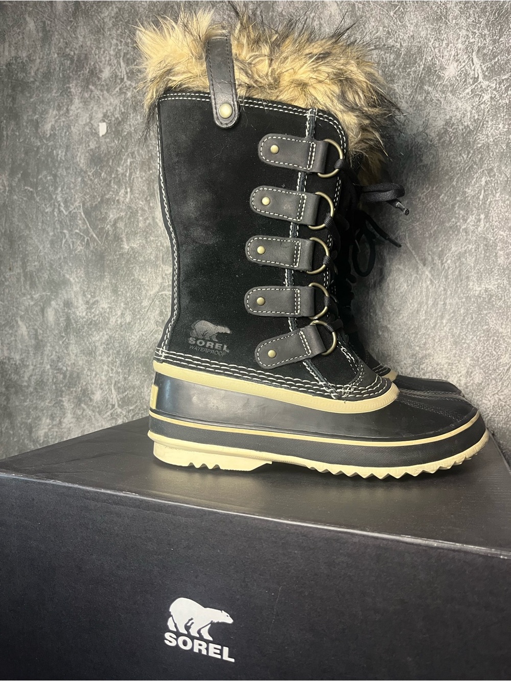 Sorel Black Joan of Arc Women's Faux-Fur Trim Winter Lace-Up Boot NEW Sz 6.5